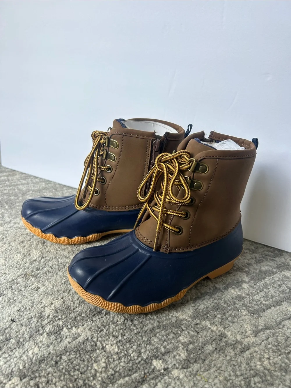 New, 13 Little Boys Crown & Ivy Duck Boot, Brown and Navy, Waterproof
